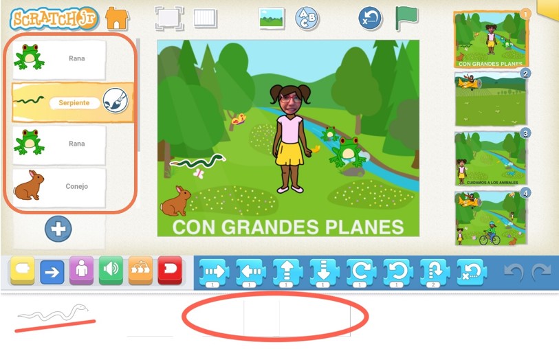 Personajes elegidos en la página 1 El paisaje del río con una serpiente, una mariposa, un conejo y dos ranas como personajes.