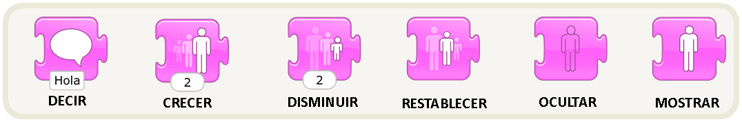 Bloques de apariencia Iconos morados que incluyen bocadillo para escribir diálogo e iconos de personas que aumentan, disminuyen, desaparecen y aparecen
