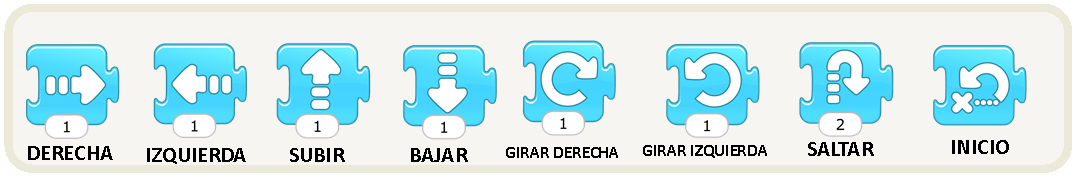 Bloques de movimientos Iconos azules con flechas en diferentes direcciones (derecha, izquierda, abajo, arriba, salto y volver)